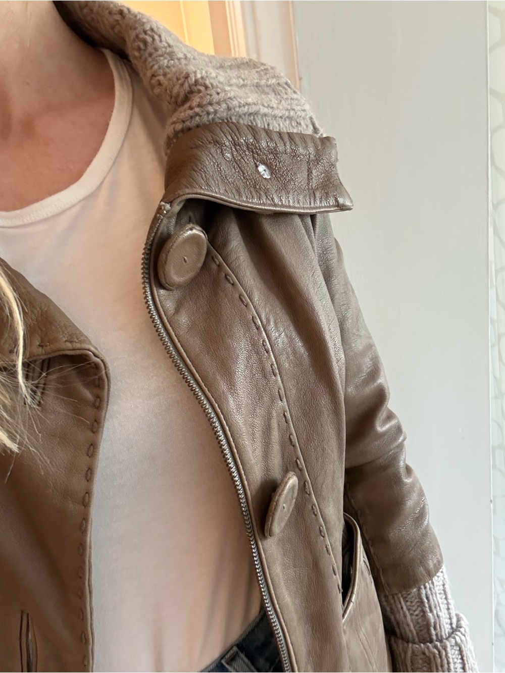 Mackage Taupe Leather Jacket with Knit Collar